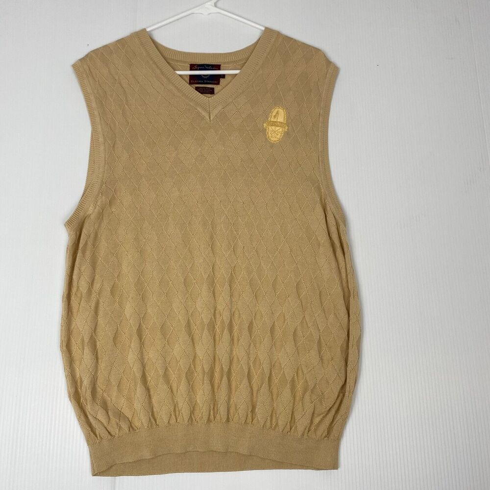 Byron Nelson Men's Tan Diamond Pattern V-Neck Sweater Vest‎ Size large 100% Silk